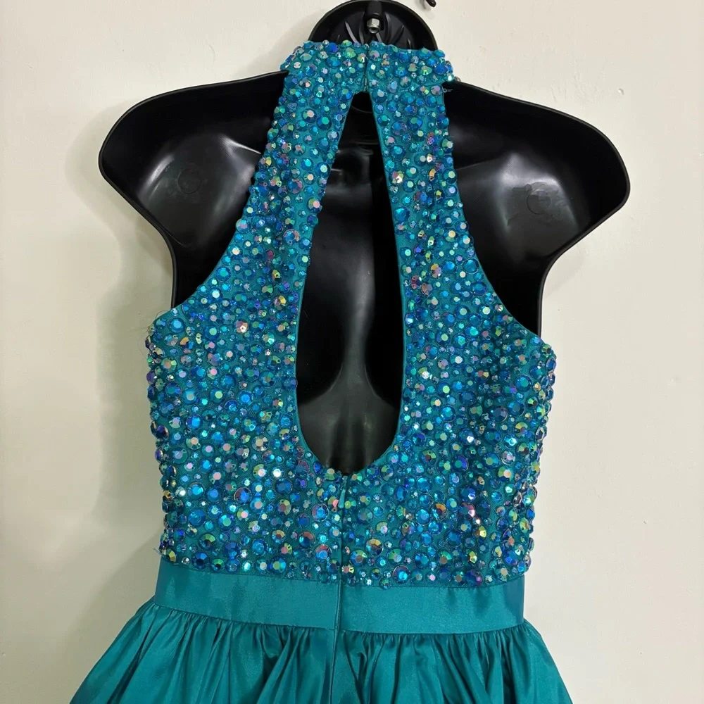 Sherri Hill Teal Rhinestone Halter Homecoming/Cocktail Dress - Size: 2 - NWT - Picture 5 of 14